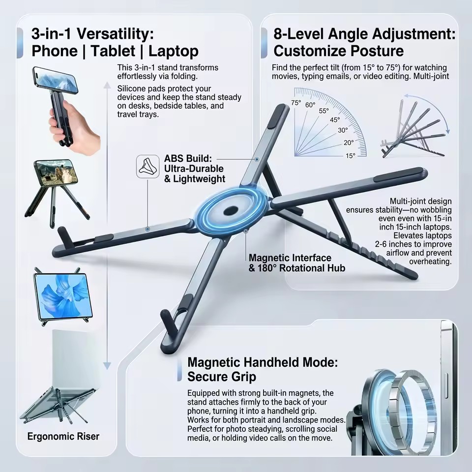 Laptop Stand Foldable - Portable Magnetic Phone Holder & Selfie