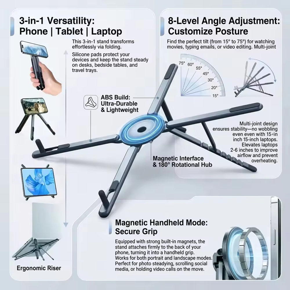 Laptop Stand Foldable - Portable Magnetic Phone Holder & Selfie
